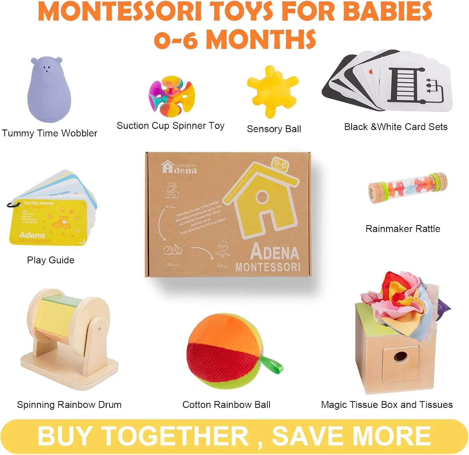Adena Montessori Play Kit for 0-6 Month Baby,9 in 1 Learning Kit Includ Black&White Card,Rainmake Rattle,Sensory Ball,Tummy Time Wobbler,Tissue Box,Tissue,Rainbow Ball,Rainbow Drum,Suction Cup Spinner