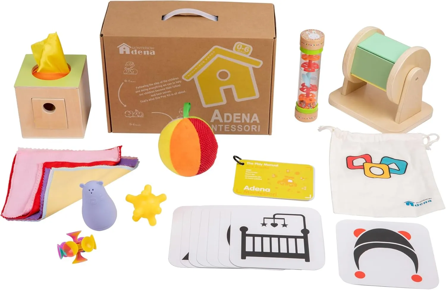 Adena Montessori Play Kit for 0-6 Month Baby,9 in 1 Learning Kit Includ Black&White Card,Rainmake Rattle,Sensory Ball,Tummy Time Wobbler,Tissue Box,Tissue,Rainbow Ball,Rainbow Drum,Suction Cup Spinner