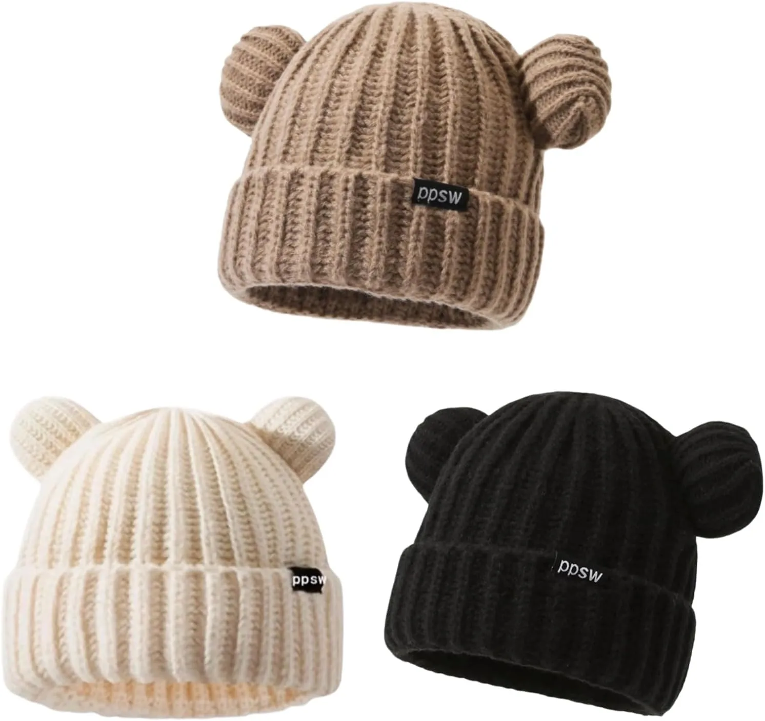 Adult Knit Beanie, Winter Bear Ears Warm Knitted Fleece Lined Woollen Ski Pompom Hat