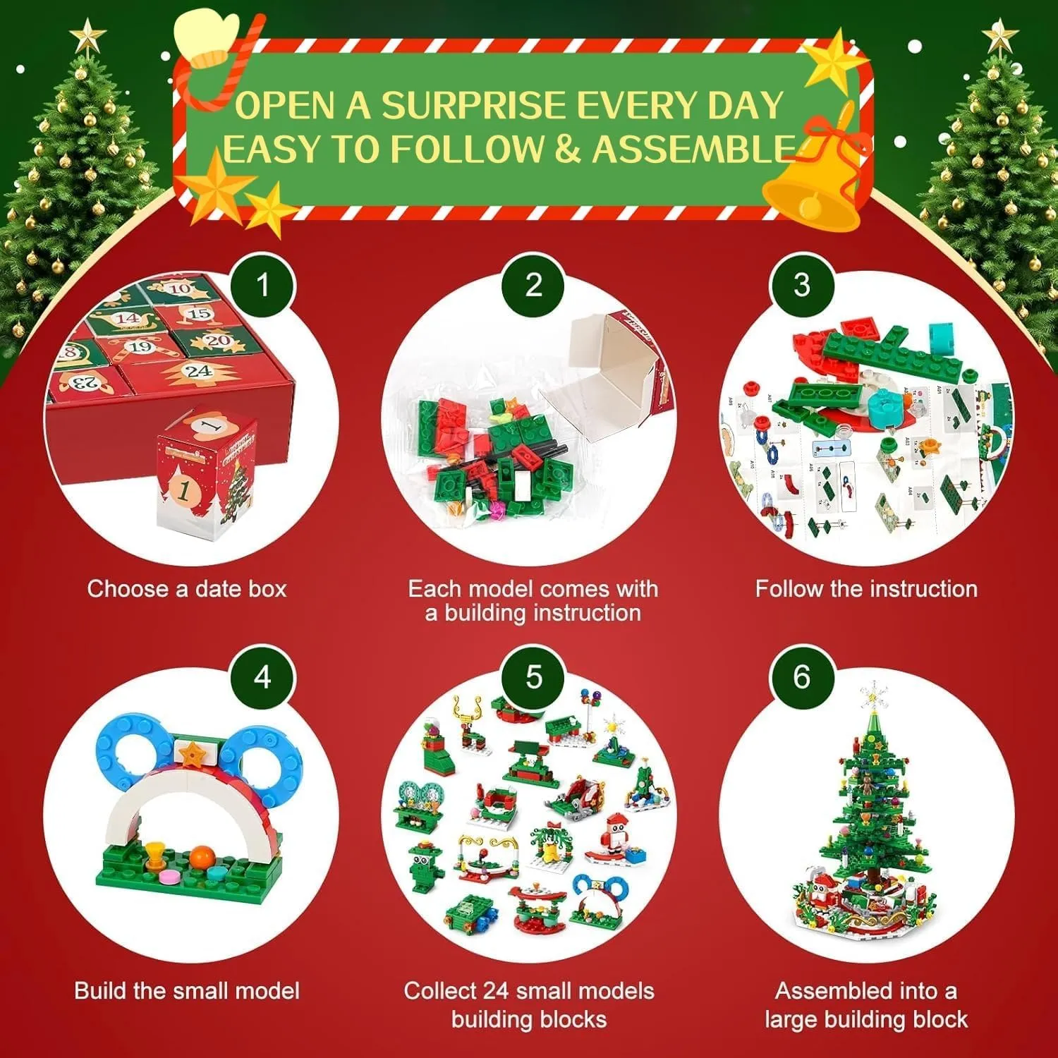 Advent Calendar 2025 Christmas Tree Building Set with LED Light, 24 Boxes 701 Pieces Christmas Countdown Calendar Building Blocks, 24 in 1 Christmas Tree Advent Calendar for Kids and Adults