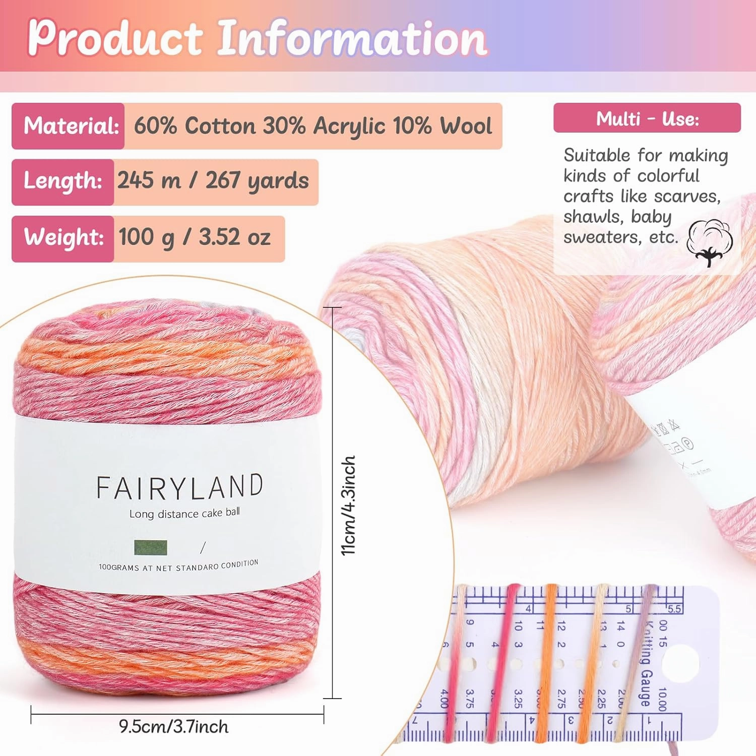 Aeelike Cake Yarn for Crocheting, 3 Skeins Gradient Cake Yarn 100g (3.52 oz) 245m (267 Yards), Super Soft Ombré Yarns Cake Rainbow Cotton Yarn for Making Colorful Crafts, Red Purple Gradient