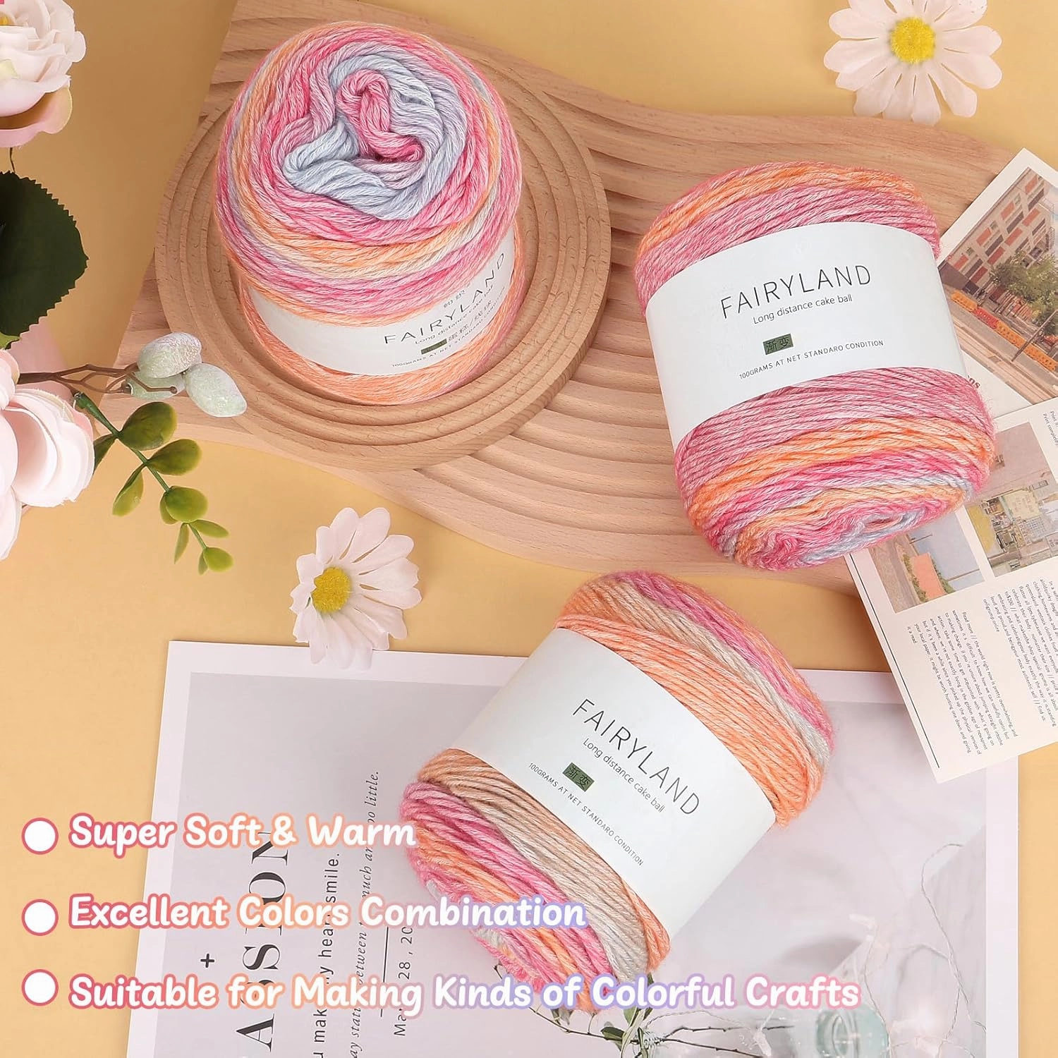 Aeelike Cake Yarn for Crocheting, 3 Skeins Gradient Cake Yarn 100g (3.52 oz) 245m (267 Yards), Super Soft Ombré Yarns Cake Rainbow Cotton Yarn for Making Colorful Crafts, Red Purple Gradient