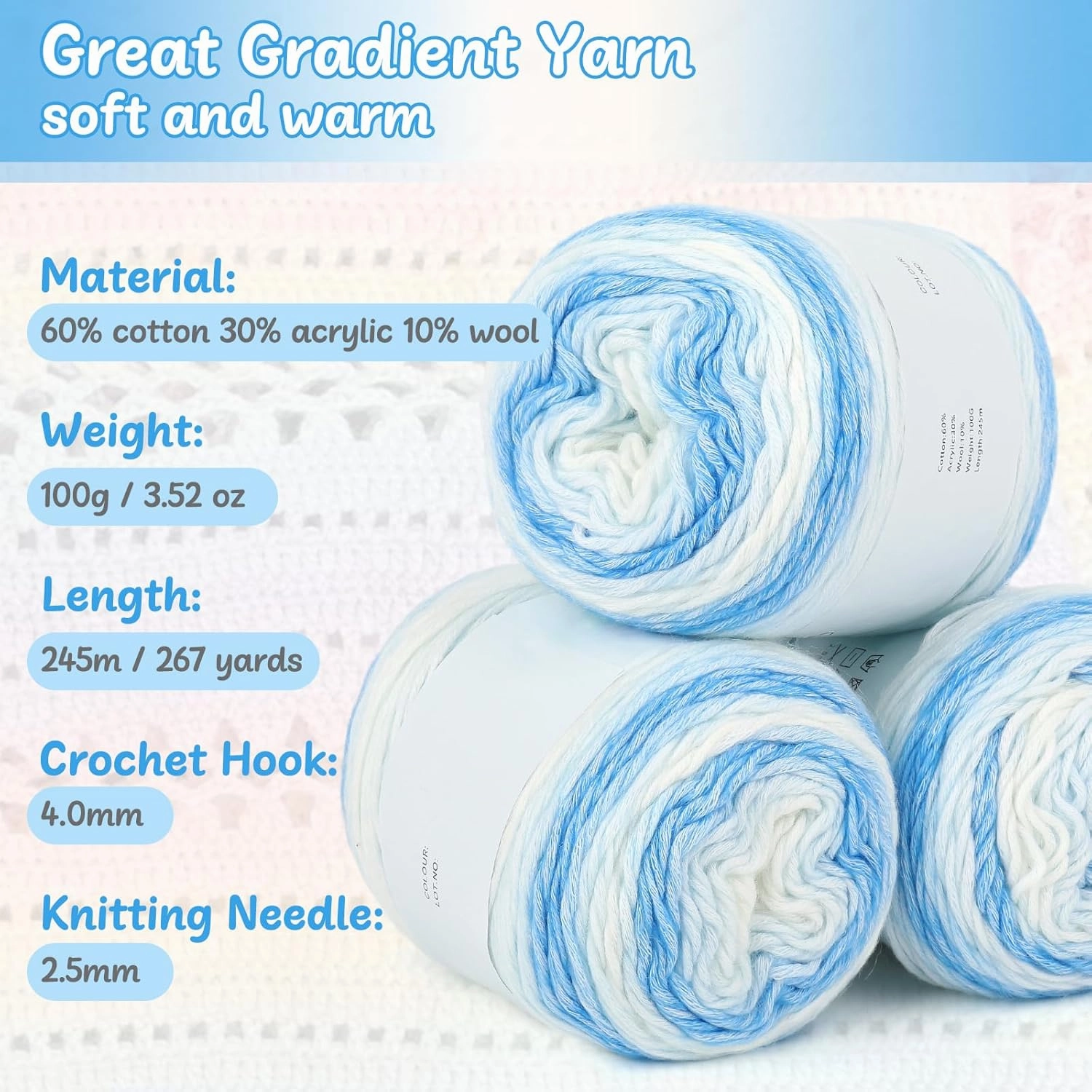 Aeelike Ombré Yarns for Crocheting, 3 Skeins Gradient Cake Yarn 100g (3.52 oz) 245m (267 Yards), Super Soft Yarns Cake with Vibrant Colors for Making Blanket Scarves Sweaters, Blue White Gradient