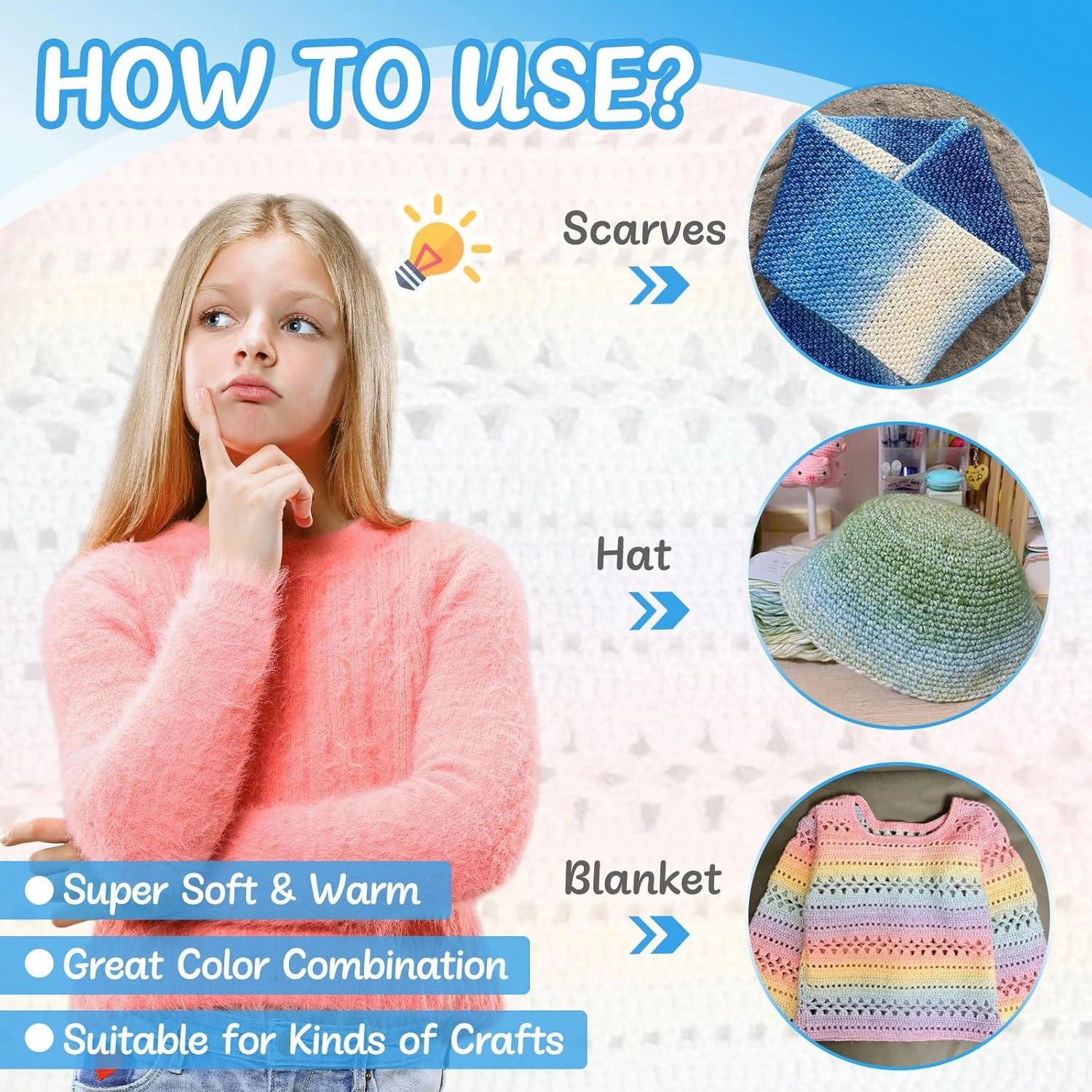 Aeelike Ombré Yarns for Crocheting, 3 Skeins Gradient Cake Yarn 100g (3.52 oz) 245m (267 Yards), Super Soft Yarns Cake with Vibrant Colors for Making Blanket Scarves Sweaters, Blue White Gradient