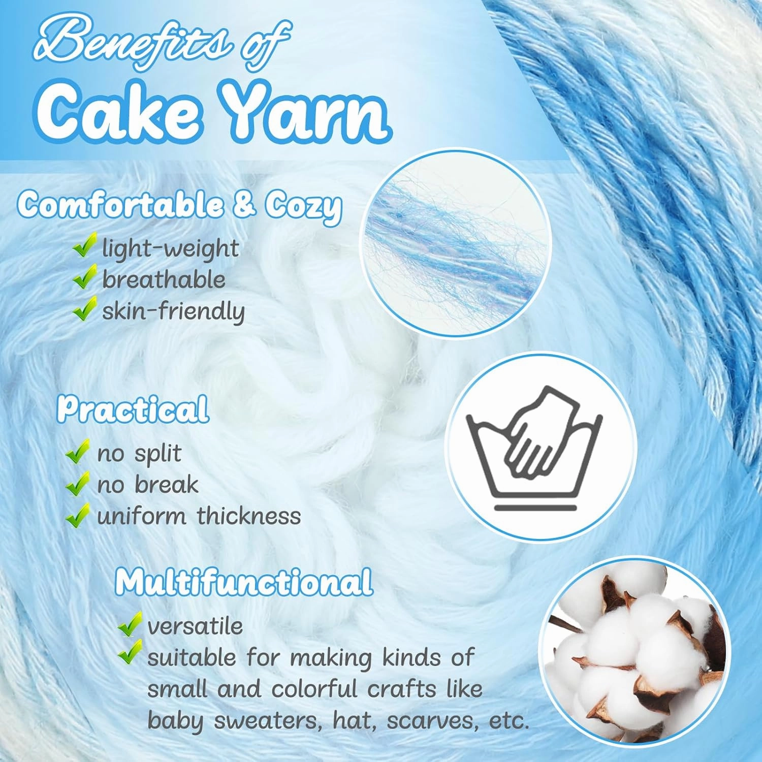 Aeelike Ombré Yarns for Crocheting, 3 Skeins Gradient Cake Yarn 100g (3.52 oz) 245m (267 Yards), Super Soft Yarns Cake with Vibrant Colors for Making Blanket Scarves Sweaters, Blue White Gradient