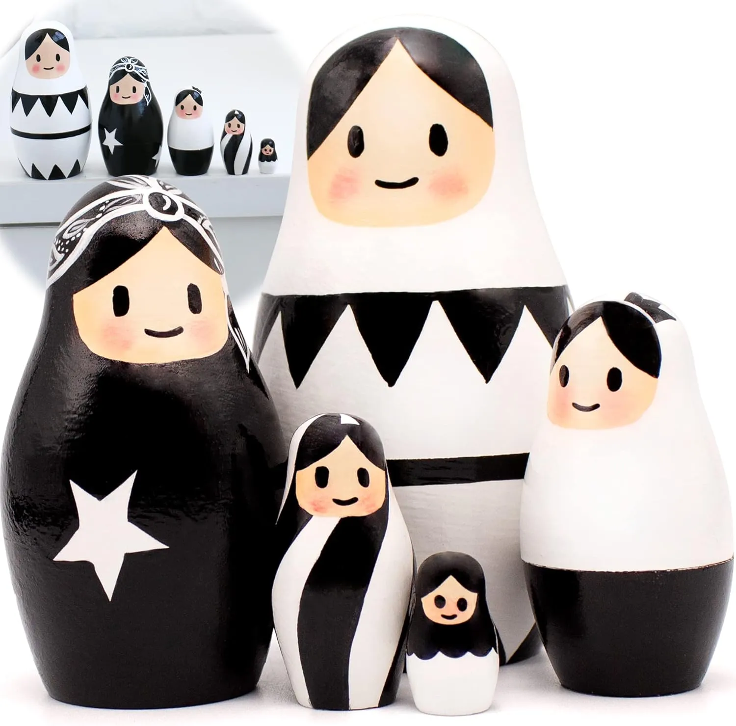 AEVVV Black and White Russian Nesting Dolls - Set of 5 pcs - Modern Graphic Pattern - Eco-Friendly Wooden Dolls for Home Decor