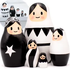 AEVVV Black and White Russian Nesting Dolls - Set of 5 pcs - Modern Graphic Pattern - Eco-Friendly Wooden Dolls for Home Decor
