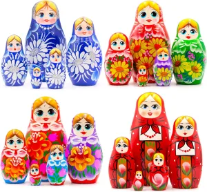 AEVVV Classic Nesting Dolls Set of 20 pcs - Russian Dolls with Daisies, Campanula and Lilies, Yellow Gerberas - Matryoshka in Red Sarafan with Ornaments