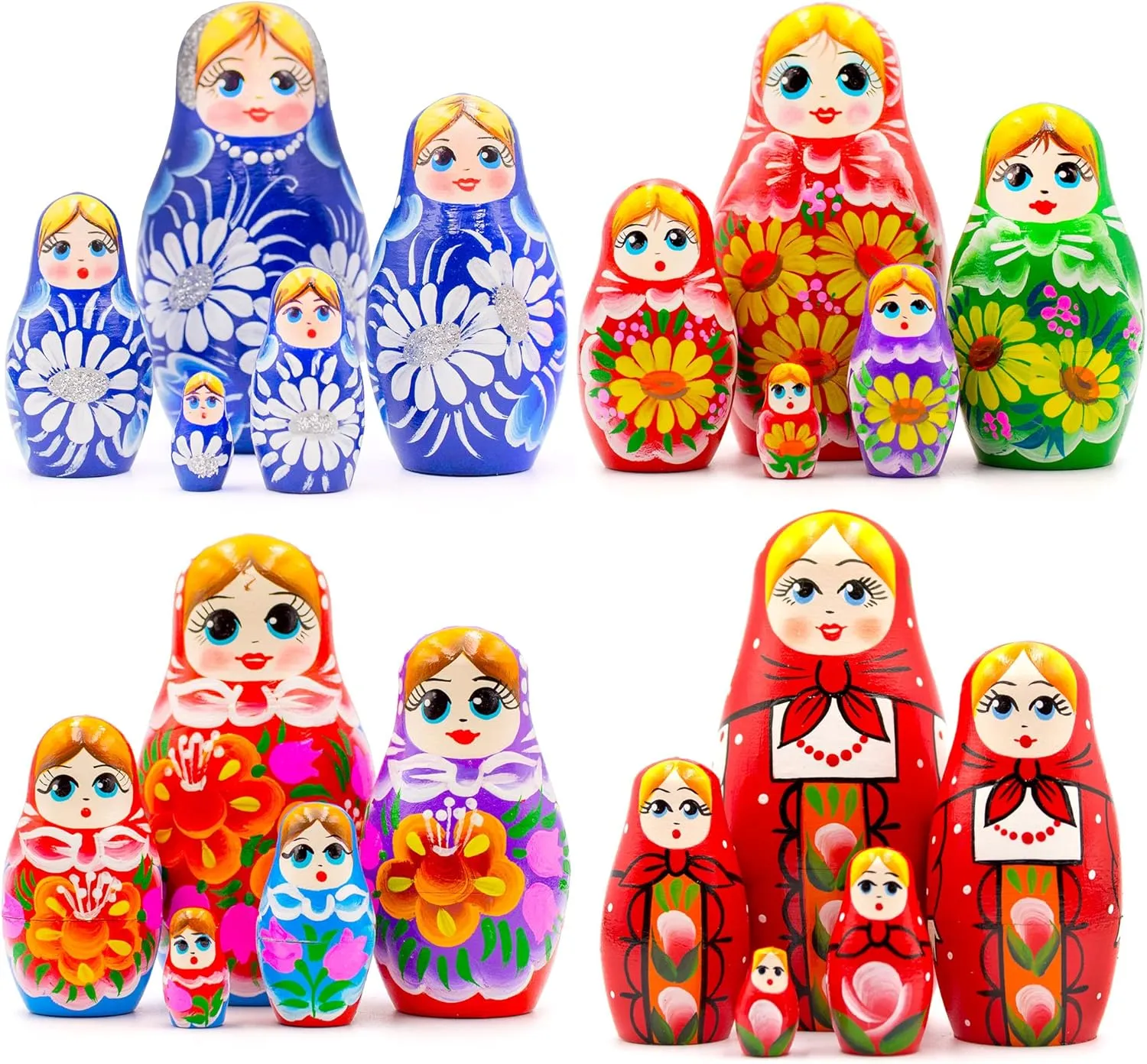AEVVV Classic Nesting Dolls Set of 20 pcs - Russian Dolls with Daisies, Campanula and Lilies, Yellow Gerberas - Matryoshka in Red Sarafan with Ornaments