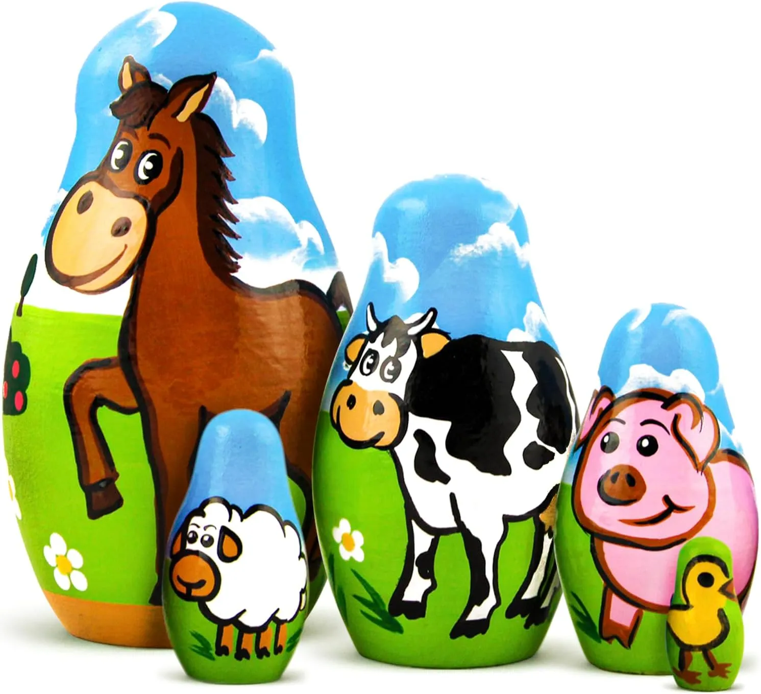AEVVV Farm Animals Set 5 Pcs Wood Nesting Dolls - Pet Figurine Set Wooden Matryoshka