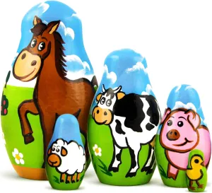 AEVVV Farm Animals Set 5 Pcs Wood Nesting Dolls - Pet Figurine Set Wooden Matryoshka