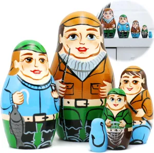 AEVVV Fishermen Russian Nesting Dolls Set 5 pcs - Cute Matryoshka Dolls for Fishing Decor - Fishing Gifts for Men - Russian Dolls with Fishing Decorations