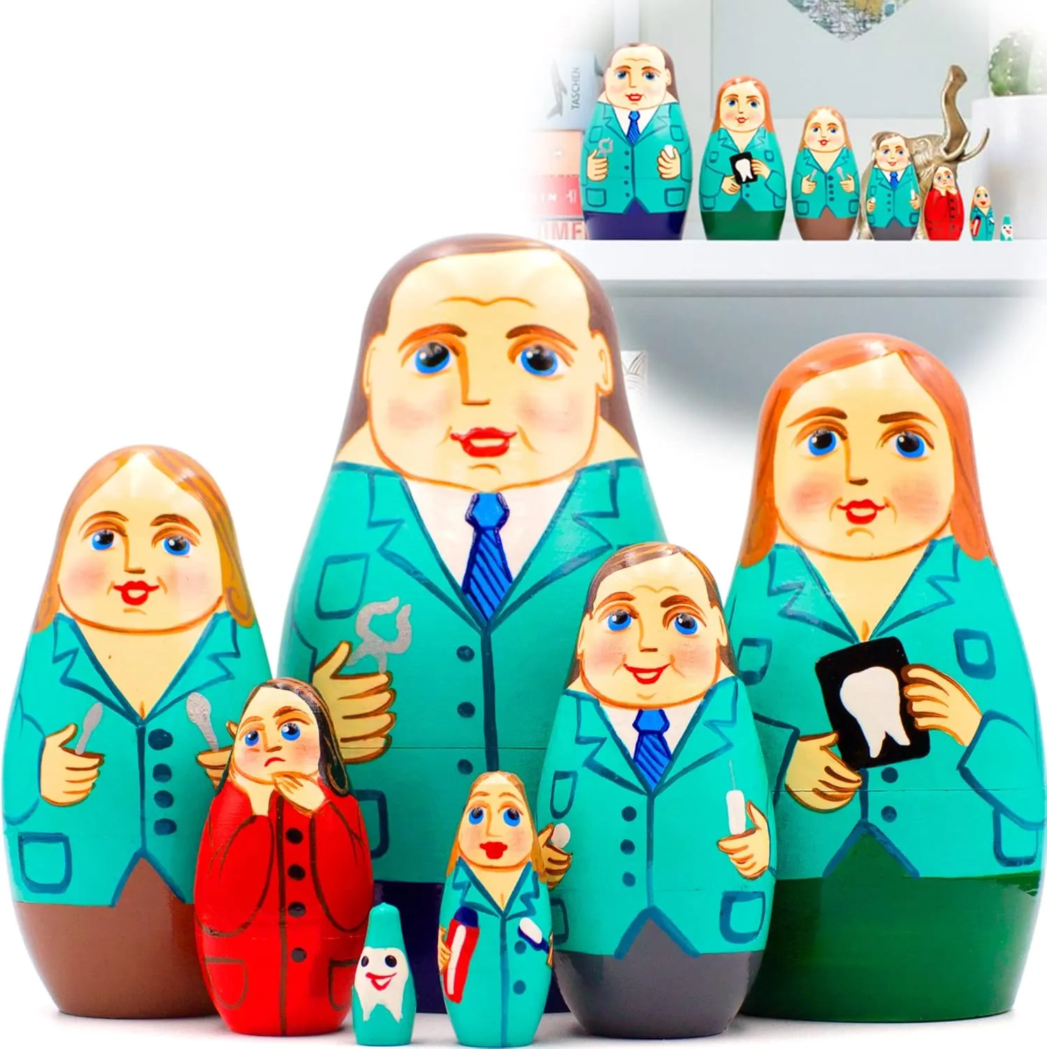 AEVVV Handcrafted 7-Piece Matryoshka Set for Dentists - Wooden Nesting Dolls Featuring Stomatologist Theme for Dental Professionals - Ideal for Dental Office