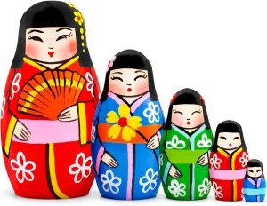 AEVVV Miniature Japanese Nesting Dolls Set 5 pcs - Wooden Kokeshi Dolls Nesting - Japanese Doll Geisha - Micro Matryoshka Russian Doll