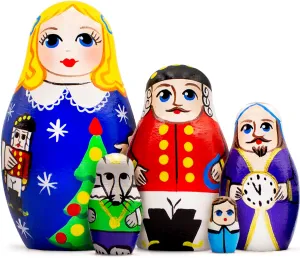AEVVV Nutcracker Wooden Nesting Dolls Set of 5 pcs - Handpainted Christmas Nutcracker Figurines - Handmade Russian Matryoshka - Wood Russian Matryoshka