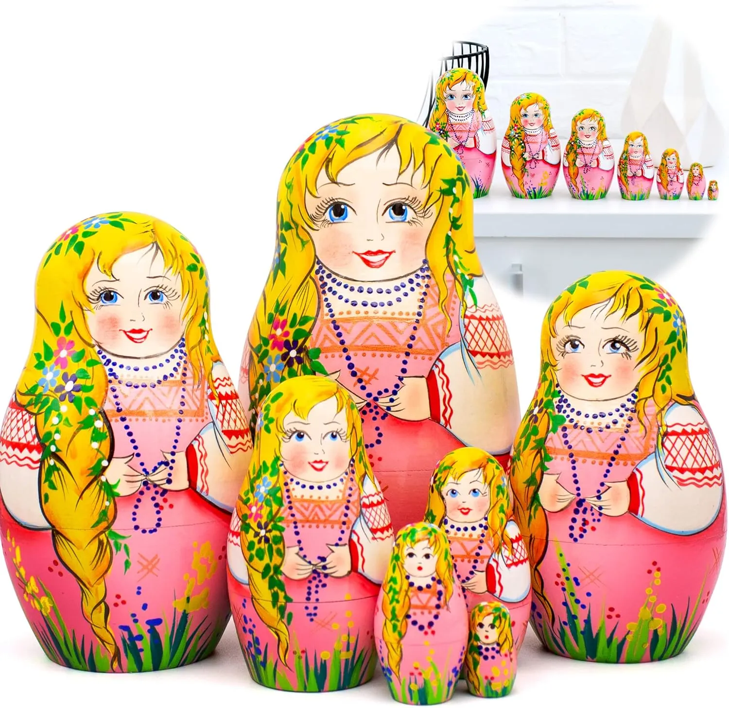AEVVV Pink Nesting Dolls Set 7 pcs - Unique Russian Matryoshka Dolls - Cute Russian Dolls