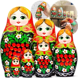 AEVVV Russian Matryoshka Dolls Set of 7 pcs - Russian Doll in Sarafan Dress with Rowan Branches and Chamomile Flowers - Handmade Russian Dolls Nesting Dolls
