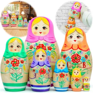 AEVVV Russian Nesting Dolls Set 7 pcs - Matryoshka Dolls with Traditional Painting - Hand Crafted Russian Dolls with Flower Decorations - Babushka Dolls