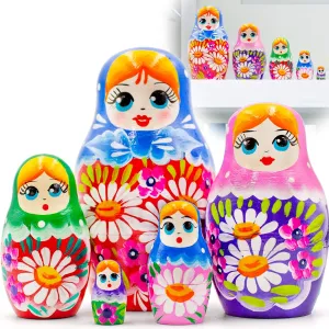 AEVVV Russian Nesting Dolls Set of 5 pcs - Russian Doll in Colorful Sarafan Dress with Meadow Flowers - Matryoshka Doll for Learning Colors - Rainbow Decor