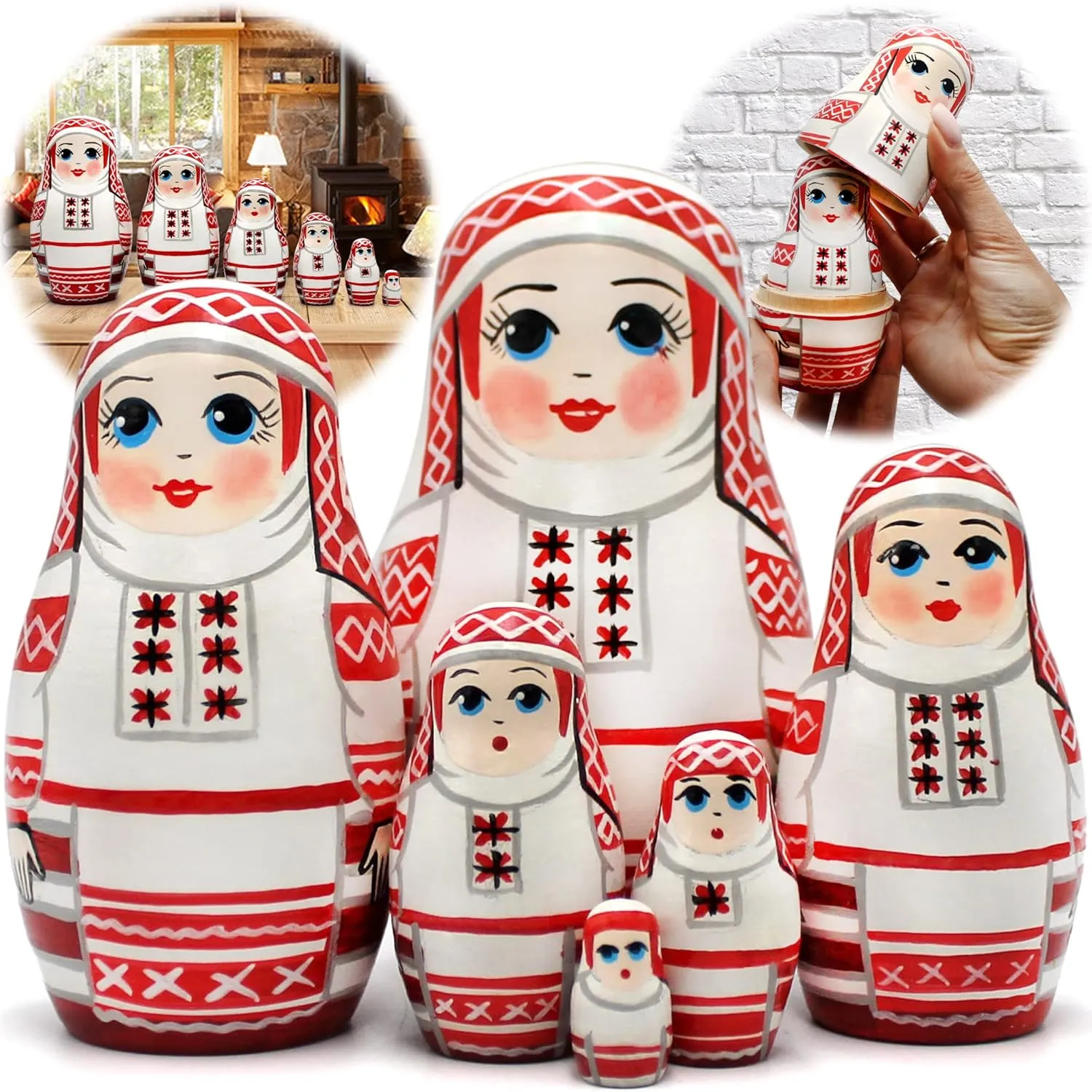 AEVVV Russian Nesting Dolls Set of 6 pcs - Belorussian Matryoshka Doll - Russian Doll in Malorita Slavic Clothing - Baboushka Nesting Dolls - Belarus Gifts