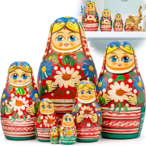 AEVVV Russian Nesting Dolls Set of 7 pcs - Matryoshka Doll in Belarussian Folk Costume with Ornament - Russian Dolls with Cornflowers and Chamomile Flowers
