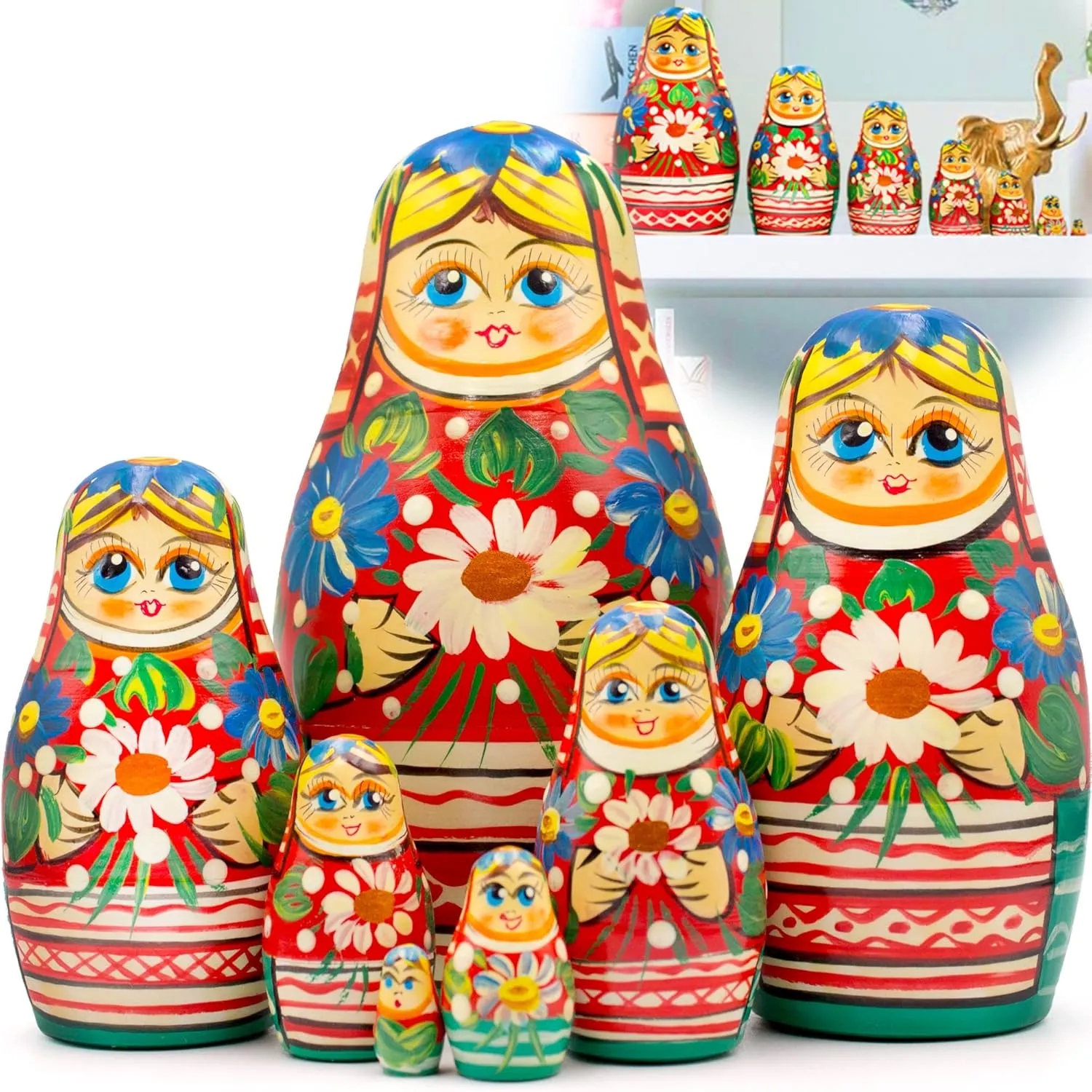 AEVVV Russian Nesting Dolls Set of 7 pcs - Matryoshka Doll in Belarussian Folk Costume with Ornament - Russian Dolls with Cornflowers and Chamomile Flowers