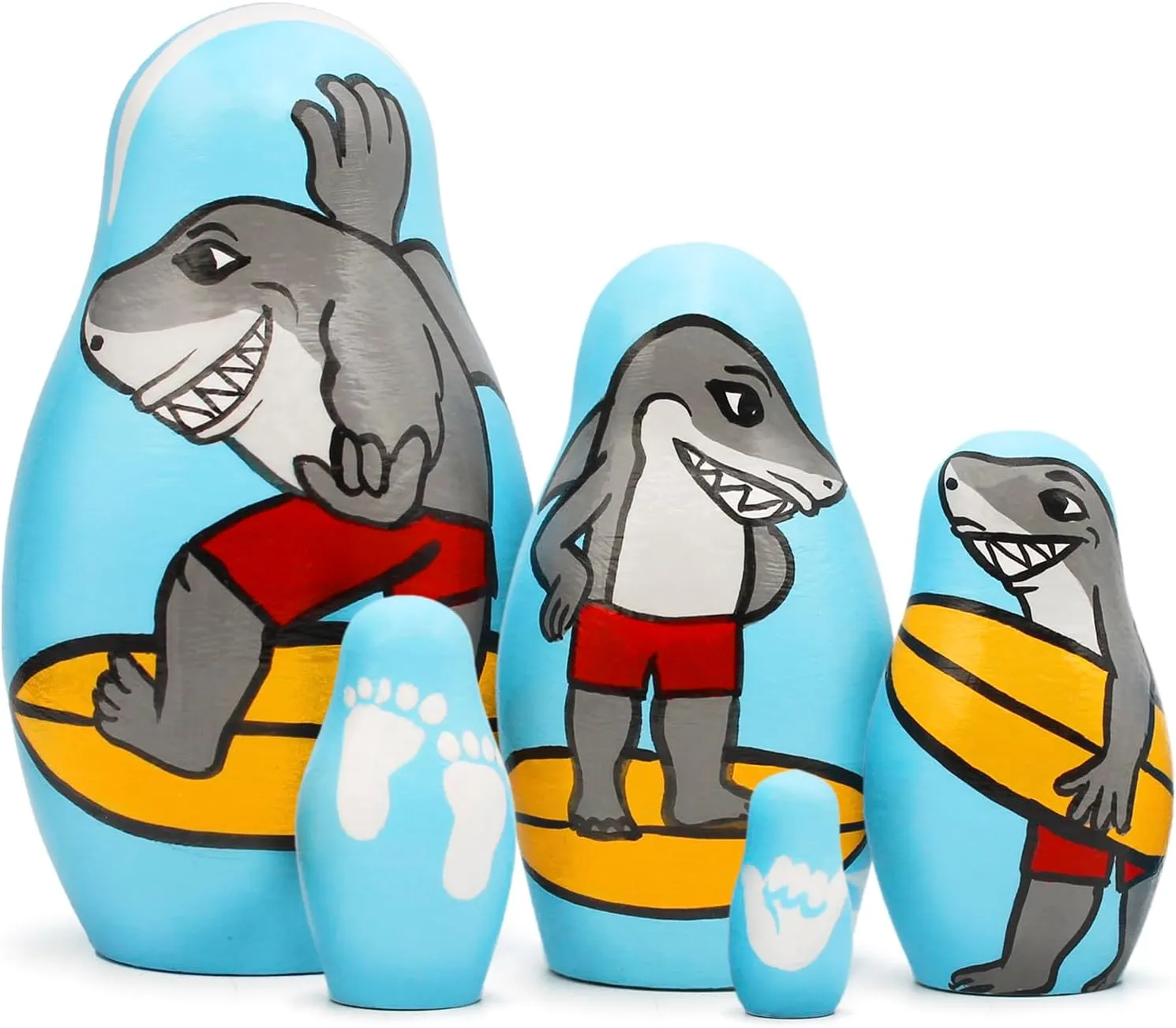 AEVVV Shark Surfer Nesting Dolls Set 5 pcs - Matryoshka Stacking Dolls Wooden Shark Figurines - Surf Coastal Decor for Home - Surfer Gifts for Shark Lovers