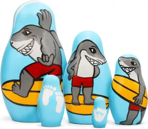 AEVVV Shark Surfer Nesting Dolls Set 5 pcs - Matryoshka Stacking Dolls Wooden Shark Figurines - Surf Coastal Decor for Home - Surfer Gifts for Shark Lovers