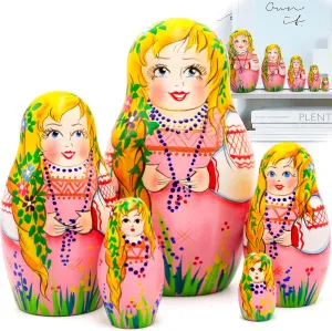 AEVVV Women with Flowers in Pigtail Russian Nesting Dolls Set 5 pcs - Matryoshka Dolls in Pink Dress - Matreshka Dolls