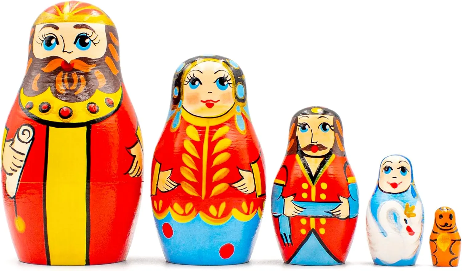 AEVVV Wooden Matryoshka Tsar Saltan - Russian Nesting Dolls Set of 5 pcs - Pushkin's Skazka Fairy Tale