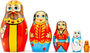AEVVV Wooden Matryoshka Tsar Saltan - Russian Nesting Dolls Set of 5 pcs - Pushkin's Skazka Fairy Tale