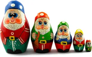 AEVVV Wooden Nesting Dolls Dwarfes Figurines Set 5 pcs - Handmade Fairy Tale Themed Russian Matryoshka 7 Dwarfes - Gift from Russia