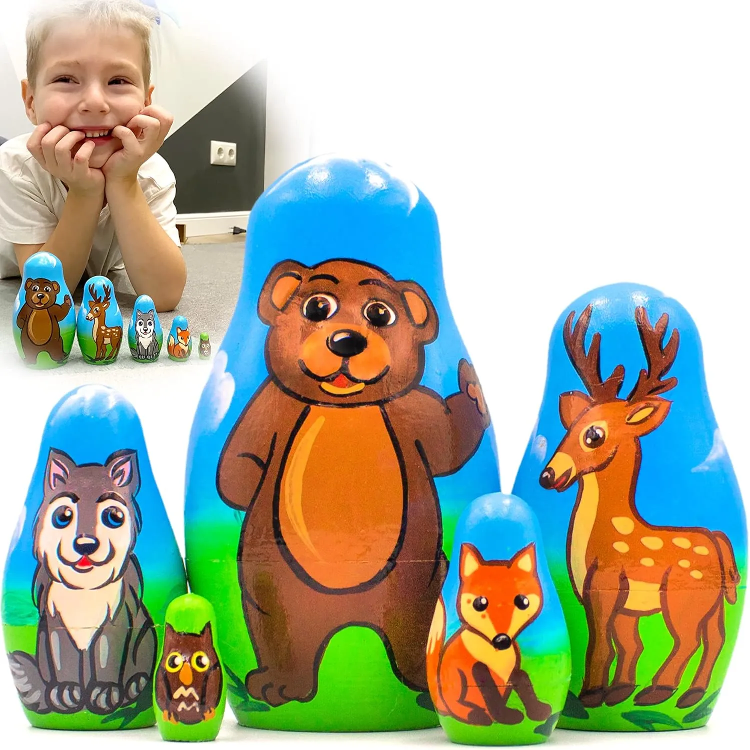 AEVVV Woodland Animals Nesting Dolls Set of 5 pcs - Hand Painted Wooden Matryoshka Dolls Cute Animal Figurines