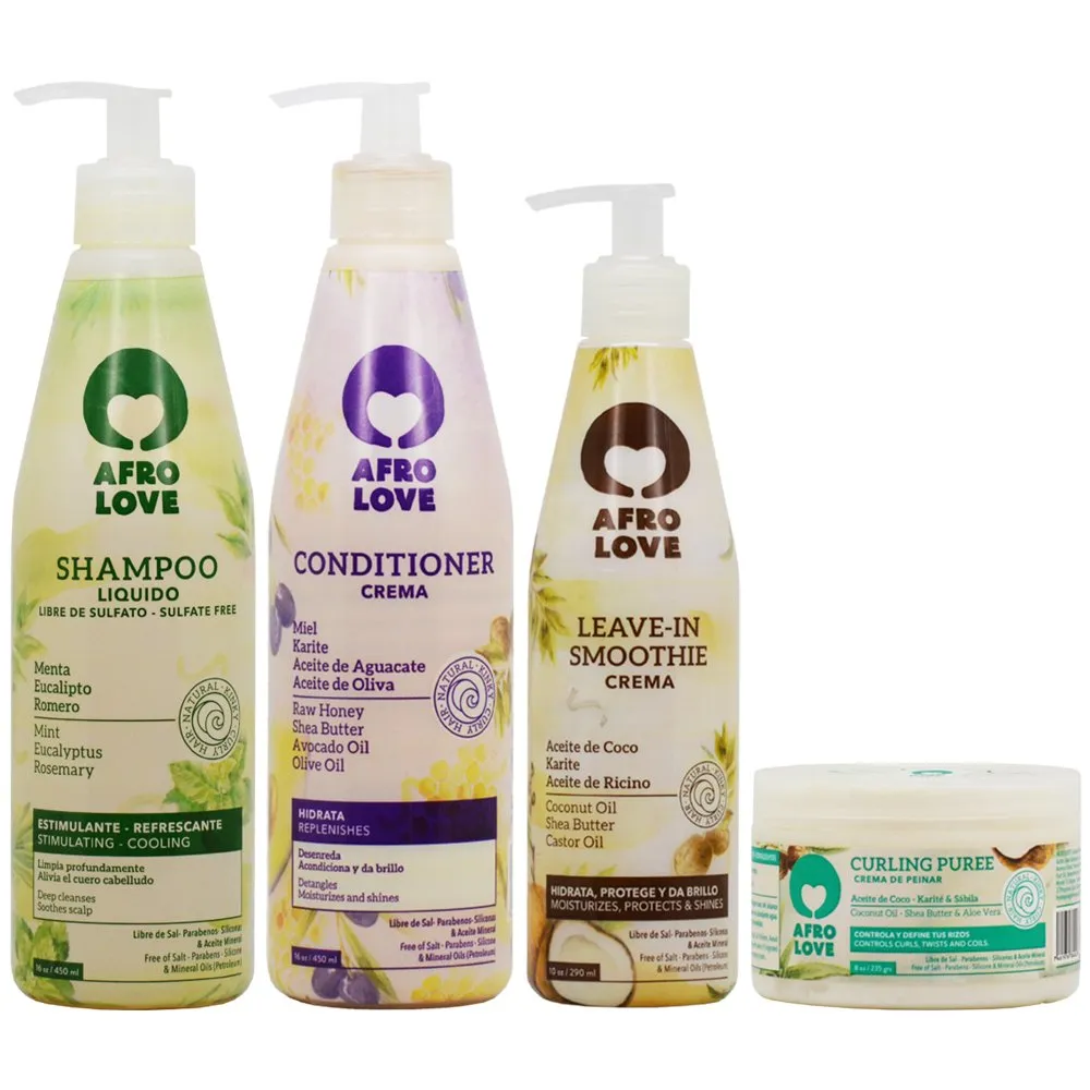 Afro Love Curly Hair Care Set, Shampoo and Conditioner (16oz), Leave-In Smoothie Crema & Curling Puree (8oz) – Sulfate-Free, Paraben-Free, Shea Butter & Coconut Oil – For Curly, Kinky & Coily Hair