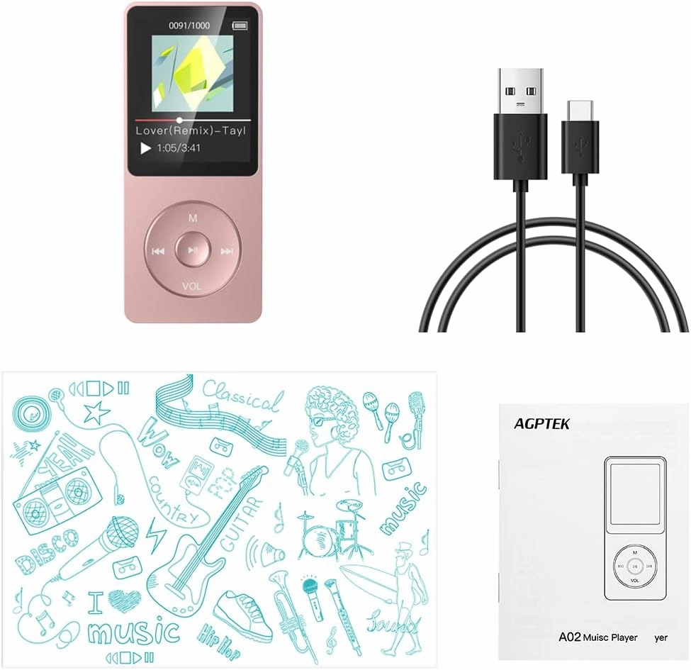 AGPTEK A02S 16GB MP3 Player, 70 Hours Playback Lossless Sound Music Player, Supports up to 128GB, Rose Gold