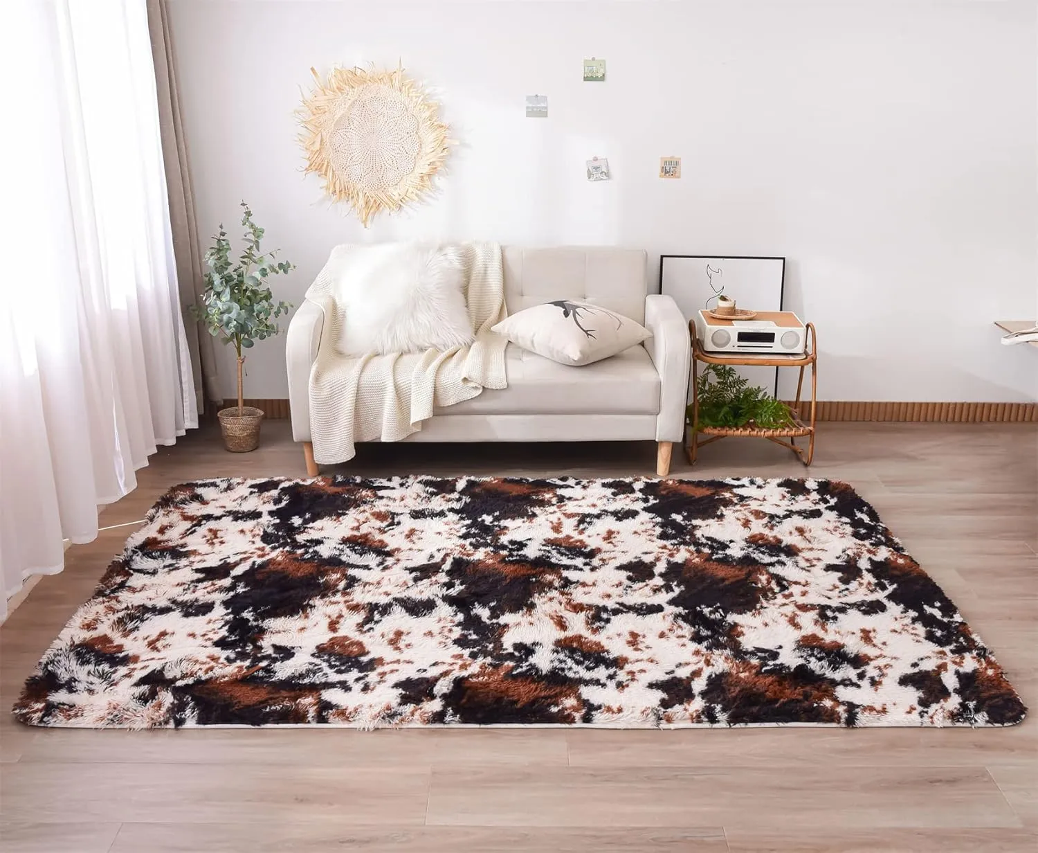 Aimuan Cute Cow Print Rug Fun, Animal Hide Carpet Fun Faux Cowhide Area Rug Nice for Nursery Decorating Kids Room (Coffee-Black, 3x5)