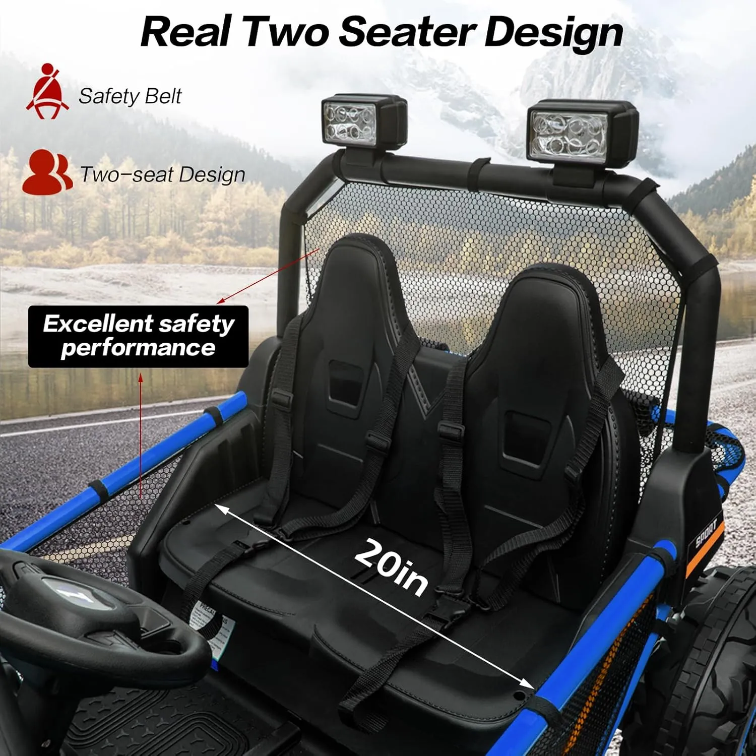 ALINUX 24V 10AH 2 Seater Ride on Cars UTV, 4WD Off-Road Kids Electric Vehicles with Remote Control, Bluetooth, Max Speed 6 MPH, Soft Start, Spring Suspension（Blue）