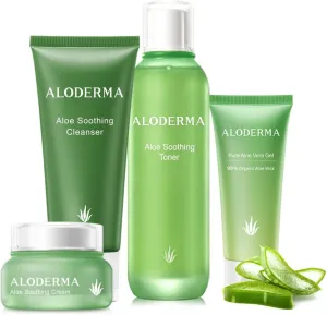 Aloderma Essential Aloe Soothing & Repairing Skin Care Set - 5 Pieces - Gel, Cleanser, Toner x2pcs, Cream