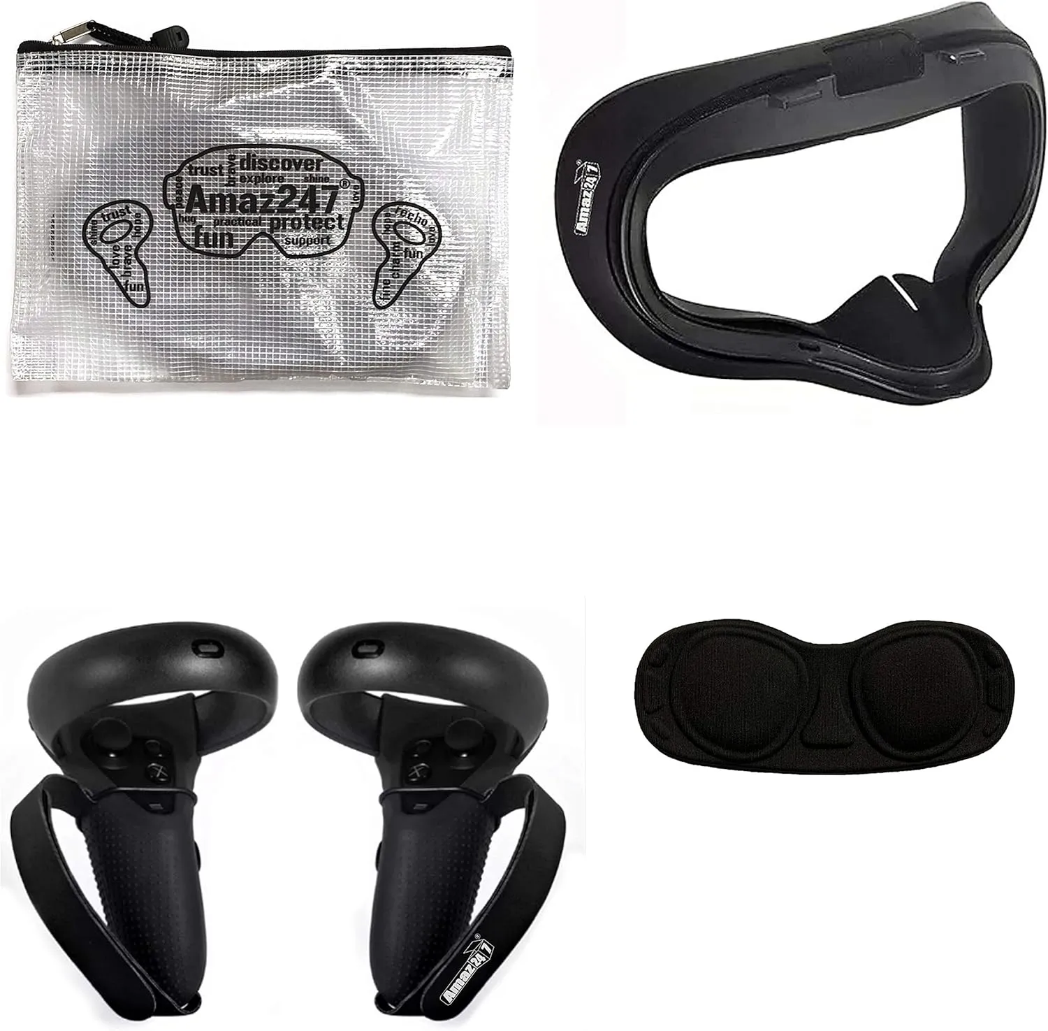 Amaz247 Silicone Anti-Leakage Face Cushion Mask, Protective Lens Cover, Controller Grip Cover with Velcro Straps for Oculus Quest VR Headset (Black), NOT FIT Oculus Quest 2