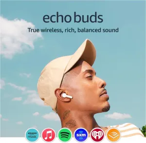 Amazon Echo Buds (newest model), True Wireless Bluetooth 5.2 Earbuds with Alexa, audio personalization, multipoint, 20H battery with charging case, fast charging, sweat resistant, Glacier White