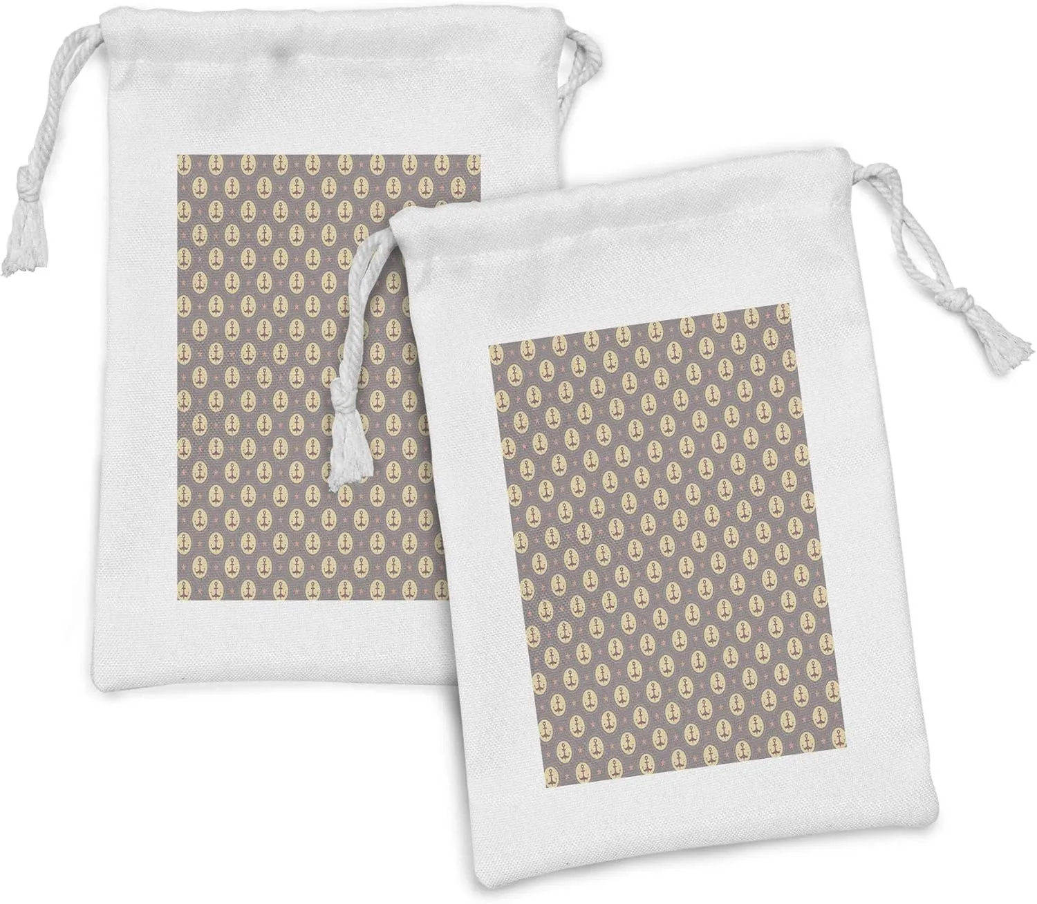 Ambesonne Anchor Fabric Pouch Set of 2, Maritime Pattern with Circles Stars Boating Sailing Themed Illustration, Small Drawstring Bag for Toiletries Masks and Favors, 9" x 6", Mauve Sand Brown Coral