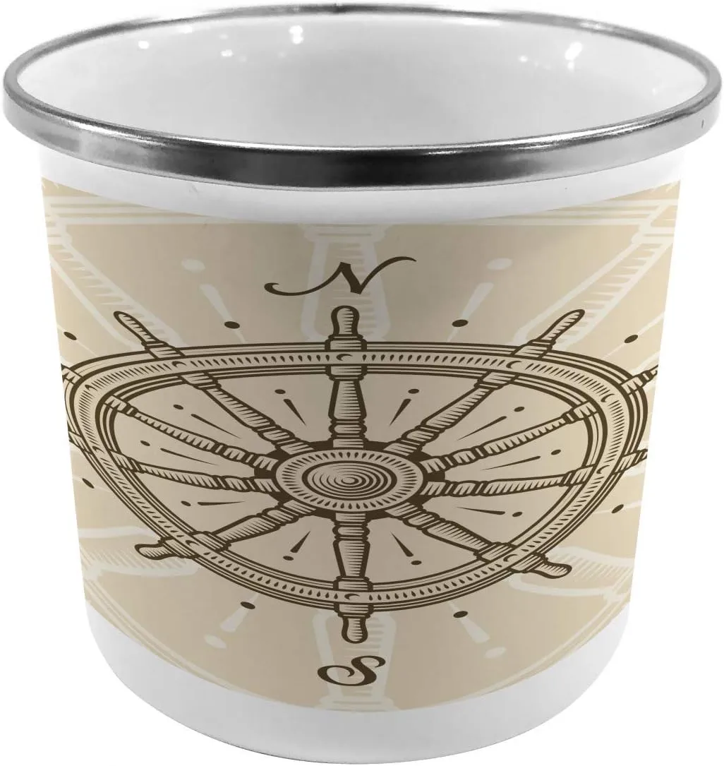 Ambesonne Ships Wheel Steel Camping Mug, Retro Ship Wheel Antique Sailboat Navigation Tool Monochromic Nostalgic Print, Printed Thermal Cup for Camping and Outdoor Activities, Beige Brown