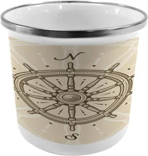 Ambesonne Ships Wheel Steel Camping Mug, Retro Ship Wheel Antique Sailboat Navigation Tool Monochromic Nostalgic Print, Printed Thermal Cup for Camping and Outdoor Activities, Beige Brown
