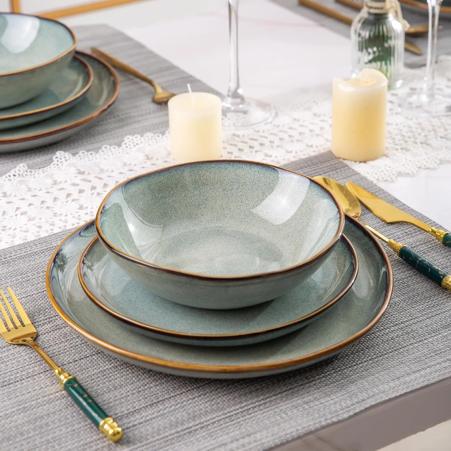 AmorArc Ceramic Dinnerware Sets,Handmade Reactive Glaze Stoneware Plates and Bowls Sets,Highly Chip and Crack Resistant | Dishwasher & Microwave Safe Dishes Set,Service for 6 (18pc)