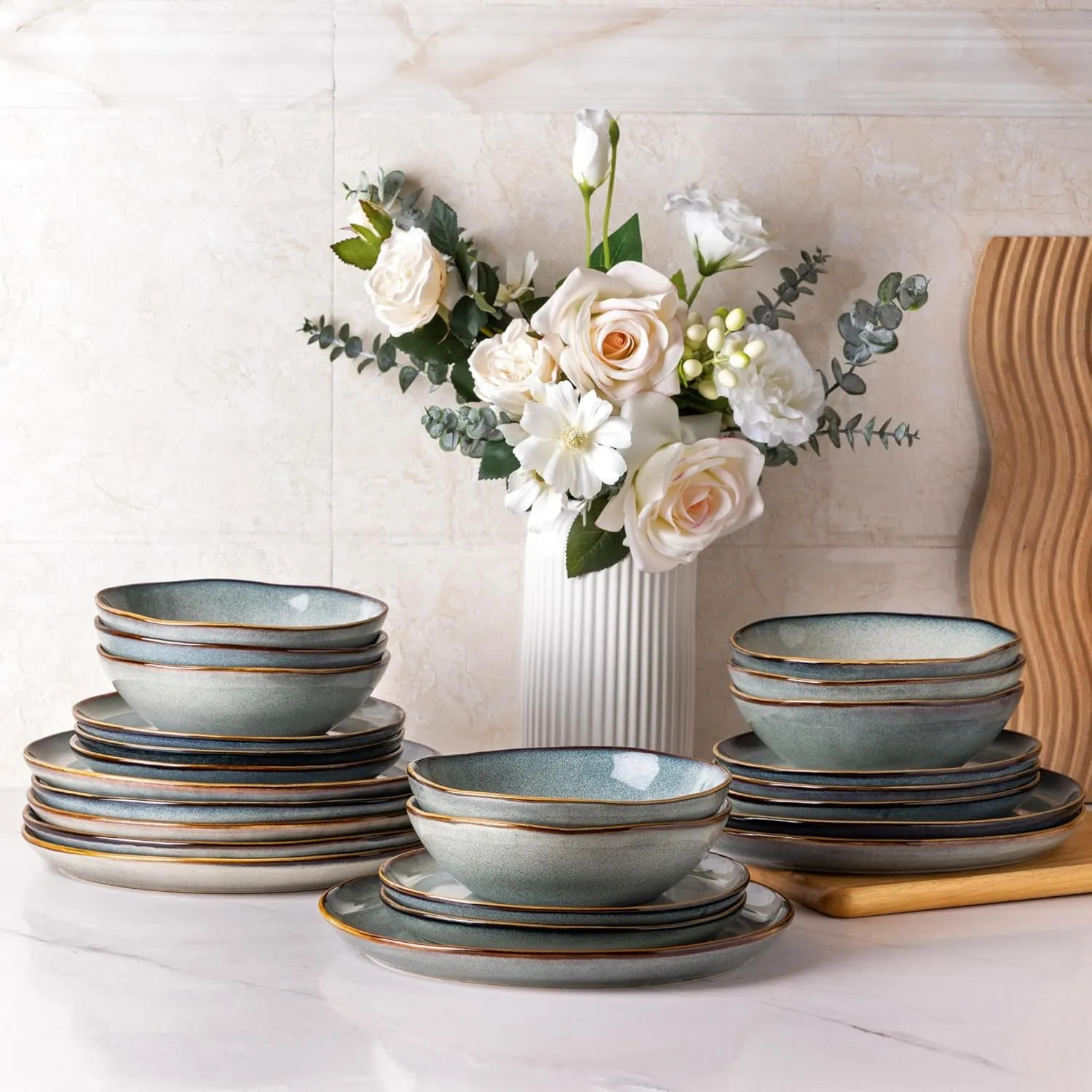 AmorArc Ceramic Dinnerware Sets,Handmade Reactive Glaze Stoneware Plates and Bowls Sets,Highly Chip and Crack Resistant | Dishwasher & Microwave Safe Dishes Set,Service for 6 (18pc)