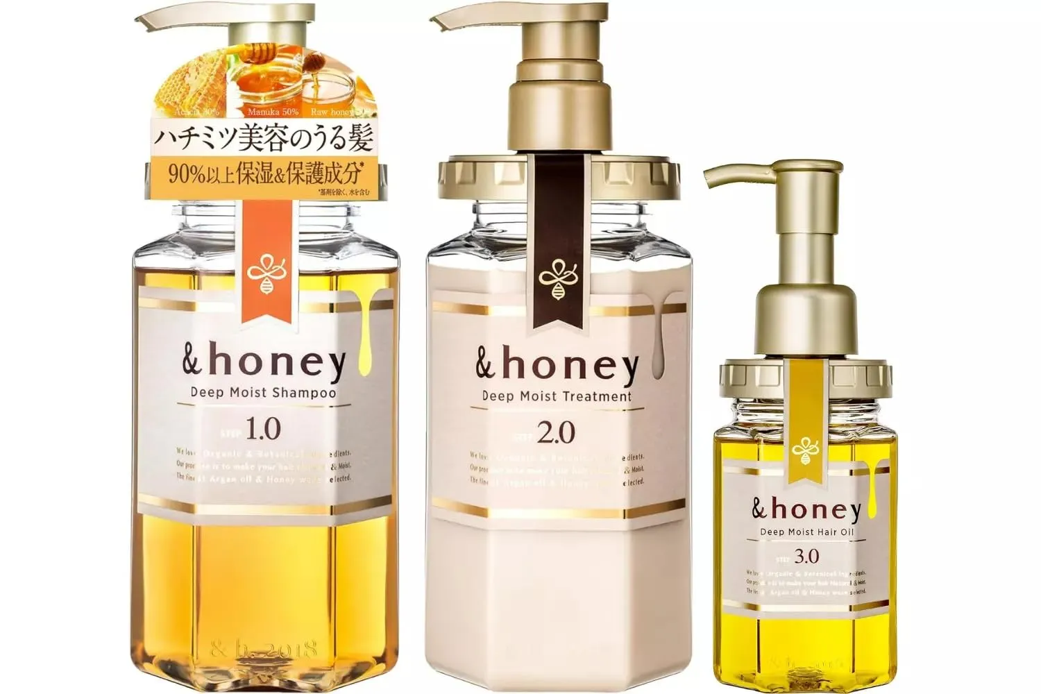 &honey Deep Moist 3 items Set (Shampoo step 1.0 440ml ,Treatment step 2.0 440ml ,Hair Oil step 3.0 100ml) for Frizzy, Dry, Curly Hair. Product of Japan.