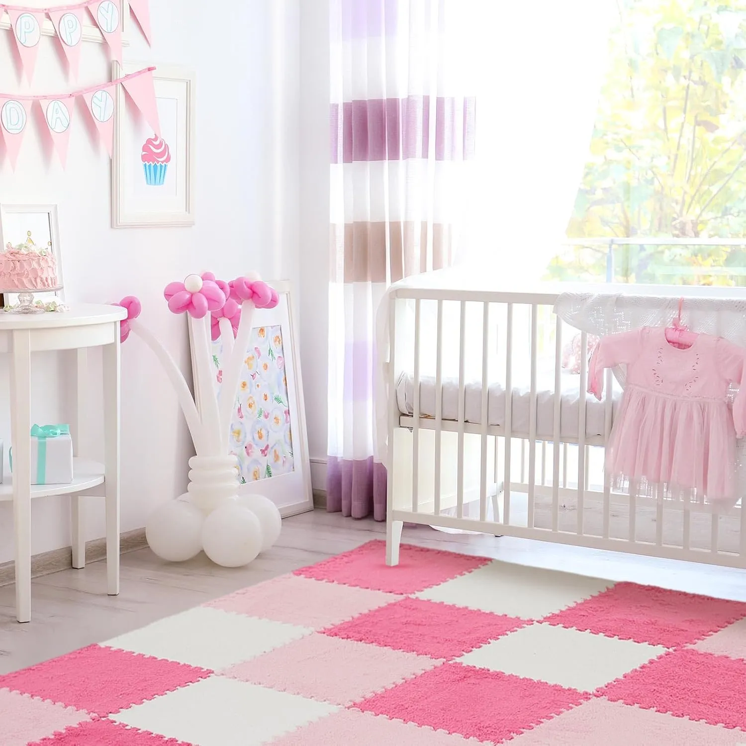 Amylove 36 Pcs Plush Foam Floor Mat Square Interlocking Carpet Tiles with Border Fluffy Play Mat Floor Tiles Soft Climbing Area Rugs for Home Playroom, 12 x 12 x 0.4 Inch (White, Pink, Rose Red)