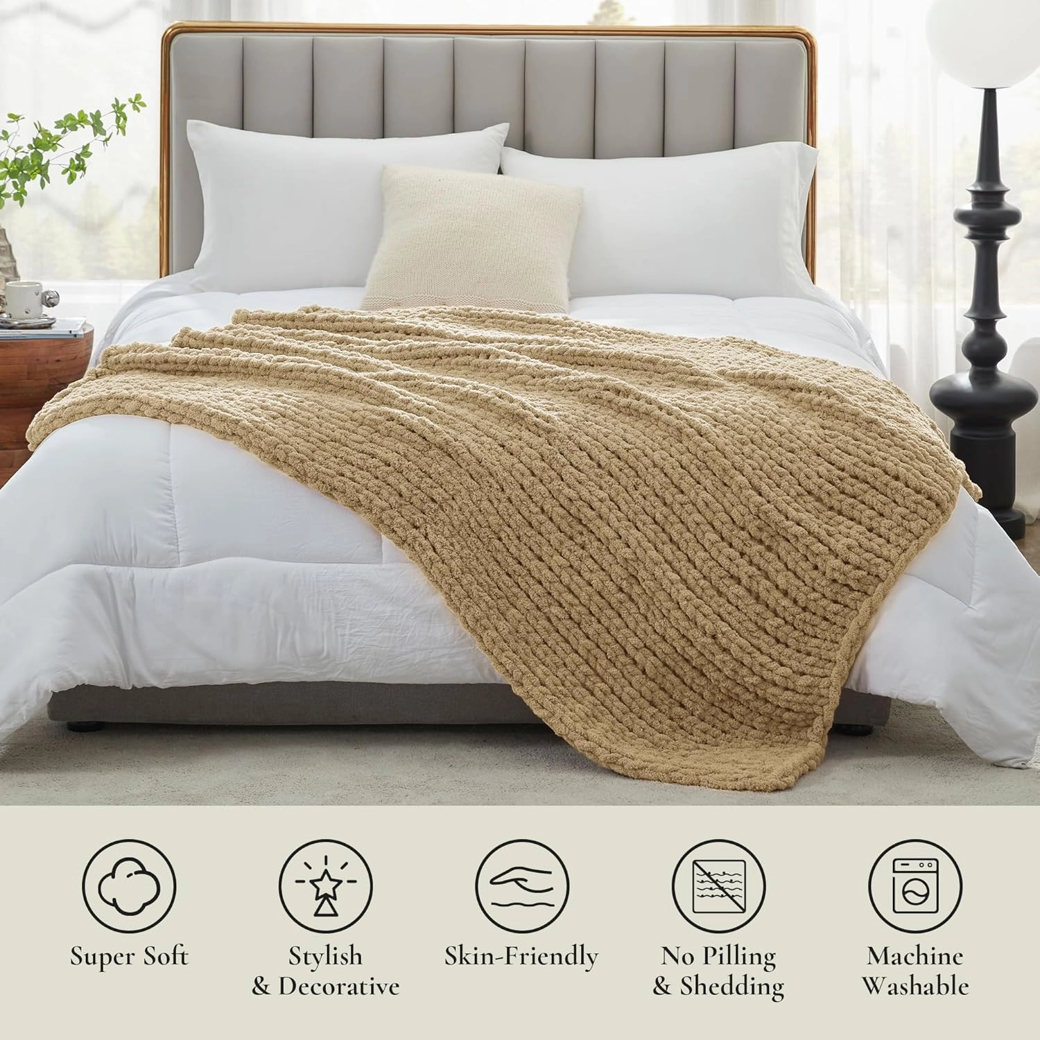 Amélie Home Chunky Knit Throw Blanket for Couch, Soft Chenille Crochet Blanket for Sofa, 50"x60", Beige