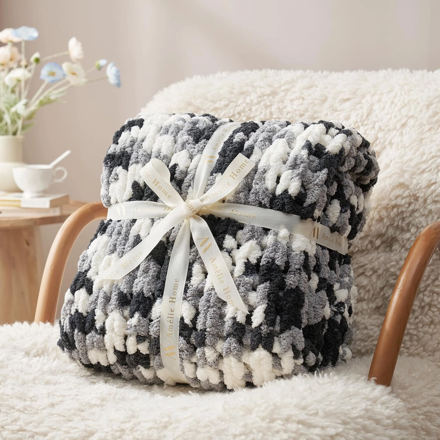 Amélie Home Chunky Knit Throw Blanket for Couch, Soft Chenille Crochet Blanket for Sofa, 50"x60", Space-Dyed Black
