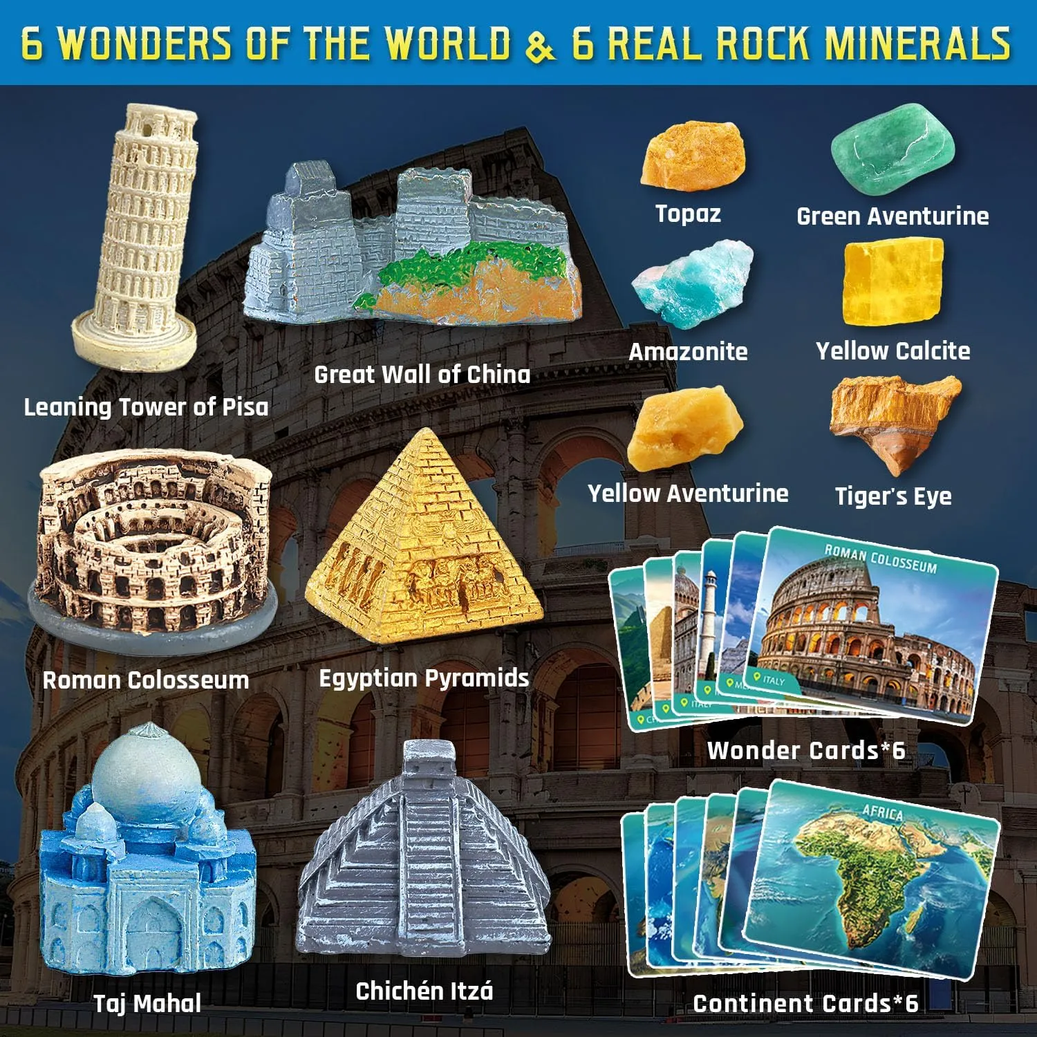 Ancient Wonders Dig Kit, Excavate 6 Treasure Landmarks Figurines & 6 Rocks, with History Learning Cards, Wonders of The World Toy Archaeology Set, STEM Party Favor Gifts for Boys & Girls Age 6 